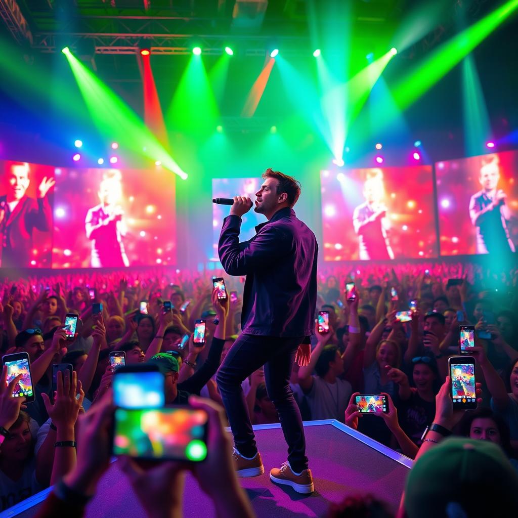 A vibrant scene of a massive concert where a very famous singer is performing on stage