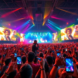 A vibrant scene of a massive concert where a very famous singer is performing on stage