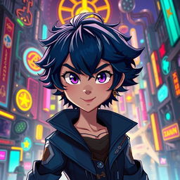 A character inspired by the animated series Arcane, featuring short, curly dark blue hair