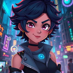 A character inspired by the animated series Arcane, featuring short, curly dark blue hair
