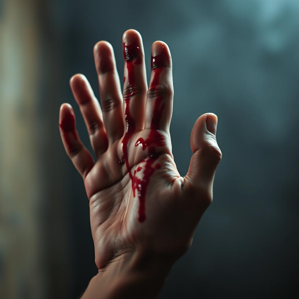 A close-up of a human hand with blood smeared across the palm and fingers, conveying an intense and dramatic feeling