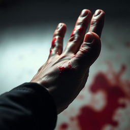 A close-up of a human hand with blood smeared across the palm and fingers, conveying an intense and dramatic feeling
