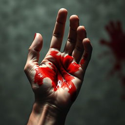 A close-up of a human hand with blood smeared across the palm and fingers, conveying an intense and dramatic feeling