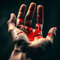 A close-up of a human hand with blood smeared across the palm and fingers, conveying an intense and dramatic feeling