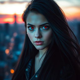 A portrait of a girl with striking red eyes, long flowing black hair, and an intriguing expression