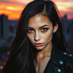 A portrait of a girl with striking red eyes, long flowing black hair, and an intriguing expression