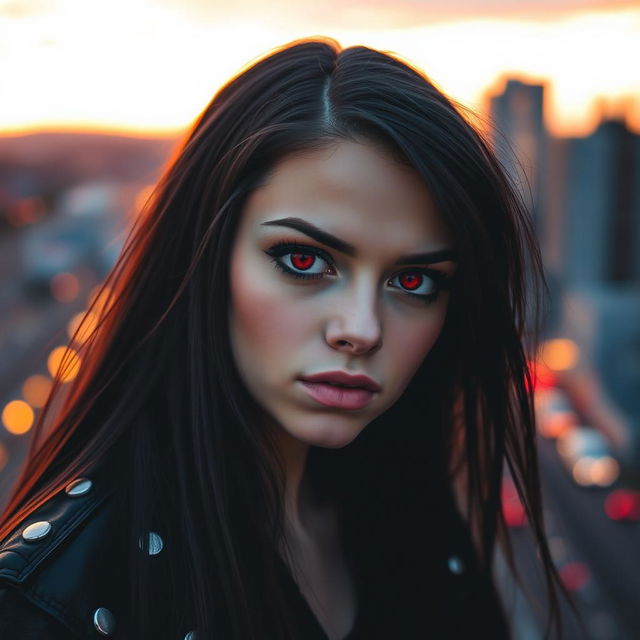 A portrait of a girl with striking red eyes, long flowing black hair, and an intriguing expression