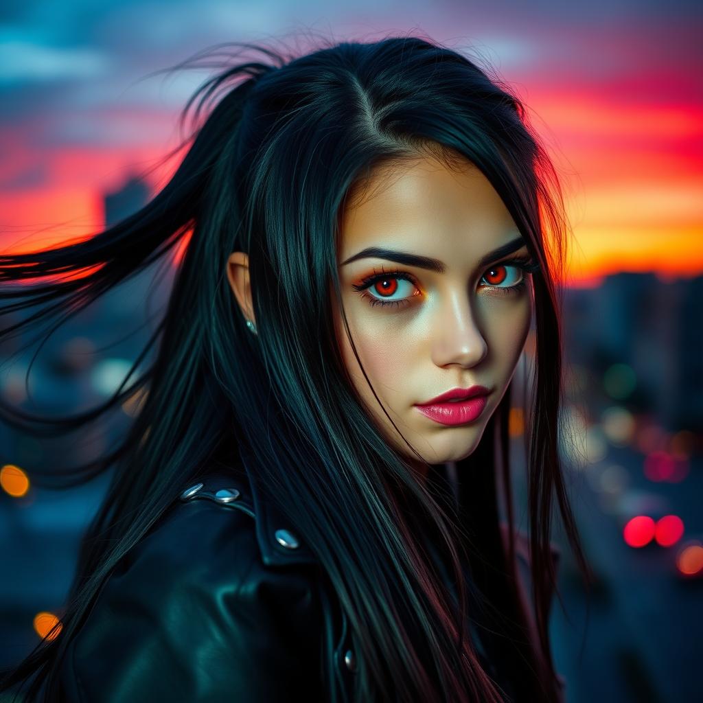 A portrait of a girl with striking red eyes, long flowing black hair, and an intriguing expression