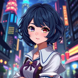 A vibrant character portrait of a girl inspired by the Arcane series, featuring short, wavy dark blue hair