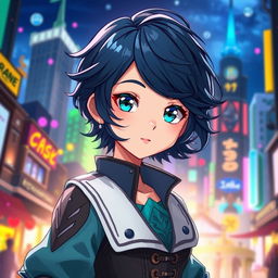 A vibrant character portrait of a girl inspired by the Arcane series, featuring short, wavy dark blue hair