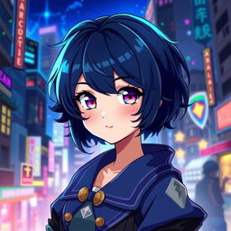 A vibrant character portrait of a girl inspired by the Arcane series, featuring short, wavy dark blue hair