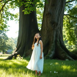 A serene outdoor scene featuring a young woman standing beside a large, majestic tree