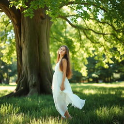 A serene outdoor scene featuring a young woman standing beside a large, majestic tree