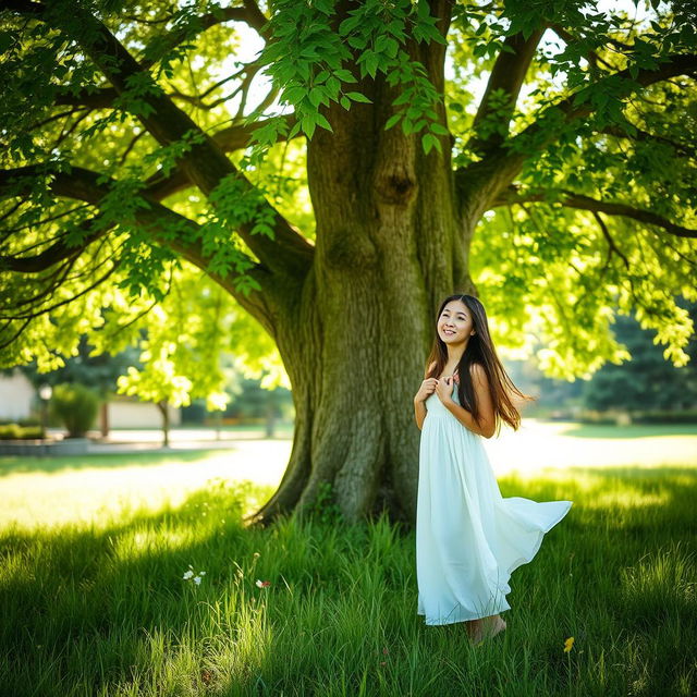 A serene outdoor scene featuring a young woman standing beside a large, majestic tree