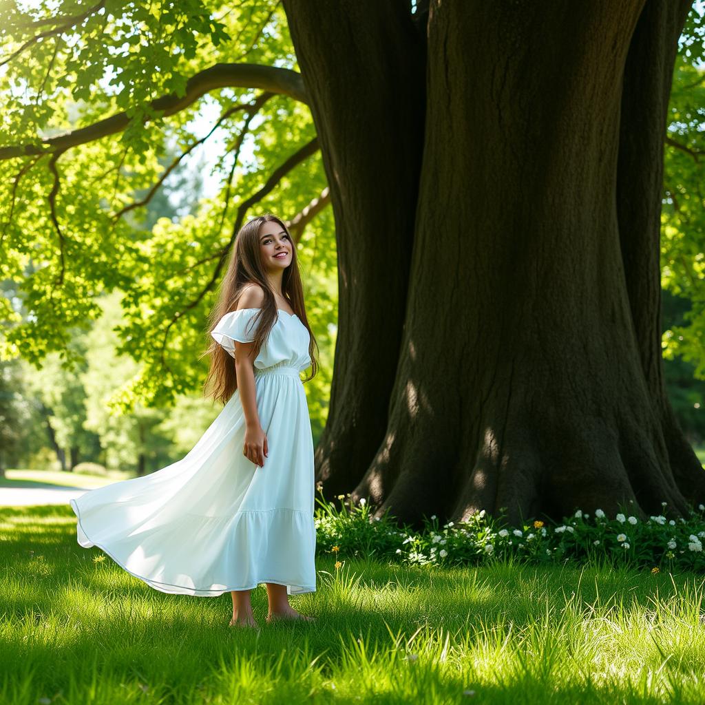 A serene outdoor scene featuring a young woman standing beside a large, majestic tree