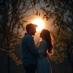 A beautifully intimate scene depicting a loving couple embracing in a warm hug under a glowing full moon