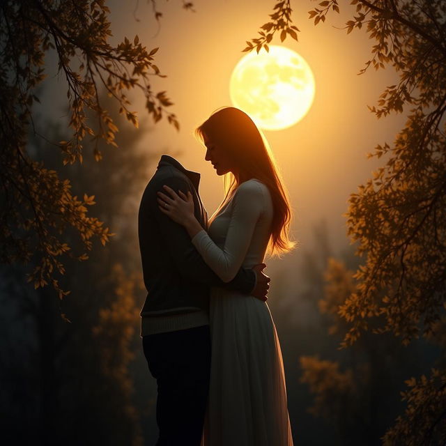 A beautifully intimate scene depicting a loving couple embracing in a warm hug under a glowing full moon