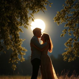 A beautifully intimate scene depicting a loving couple embracing in a warm hug under a glowing full moon