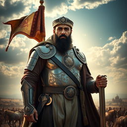 A majestic portrait of Abbas ibn Ali, the son of Imam Ali, standing valiantly on the battlefield