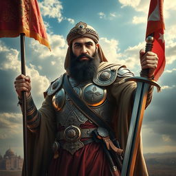 A majestic portrait of Abbas ibn Ali, the son of Imam Ali, standing valiantly on the battlefield