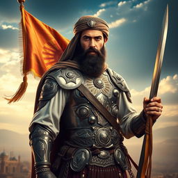 A majestic portrait of Abbas ibn Ali, the son of Imam Ali, standing valiantly on the battlefield