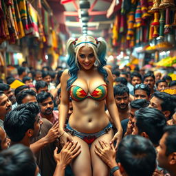 A vibrant scene set in a bustling Indian market featuring Harley Quinn wearing a strapless, colorful bikini that accentuates her big breasts and showcases alluring cleavage
