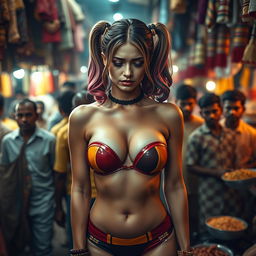 A poignant scene set in a crowded Indian market featuring a sad Harley Quinn, dressed in a strapless, colorful bikini that highlights her big breasts and showcases alluring cleavage