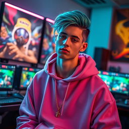 A beautiful and stylish young man with a unique and quirky appearance, embodying the essence of a cool gamer