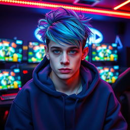 A beautiful and stylish young man with a unique and quirky appearance, embodying the essence of a cool gamer