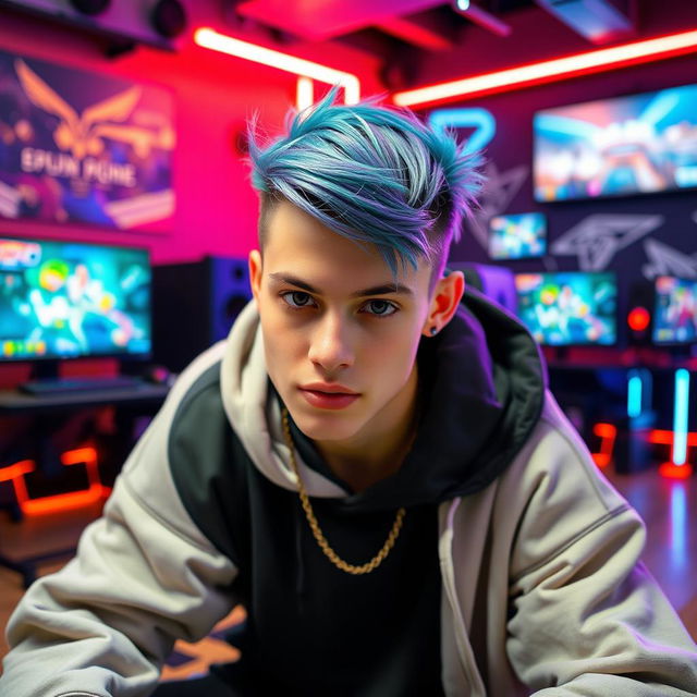 A beautiful and stylish young man with a unique and quirky appearance, embodying the essence of a cool gamer