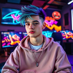 A beautiful and stylish young man with a unique and quirky appearance, embodying the essence of a cool gamer