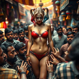 A poignant scene in a crowded Indian market featuring a sad Harley Quinn, wearing a strapless, colorful bikini that emphasizes her big breasts and showcases tantalizing cleavage accentuated by a small bra