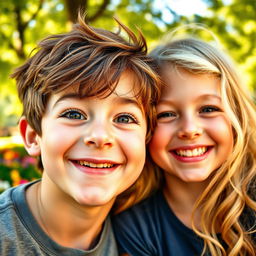 A close-up portrait of a boy and girl sharing a joyful moment, both with bright, expressive eyes that sparkle with happiness