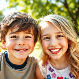 A close-up portrait of a boy and girl sharing a joyful moment, both with bright, expressive eyes that sparkle with happiness