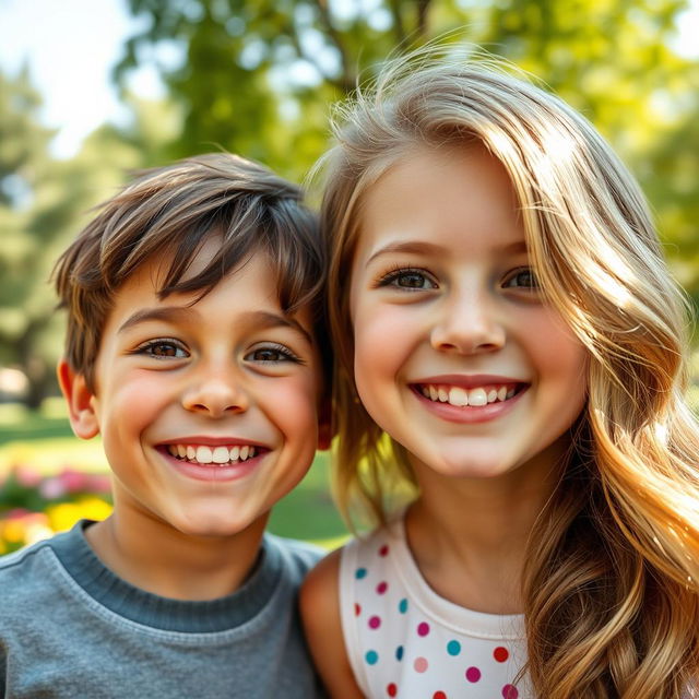 A close-up portrait of a boy and girl sharing a joyful moment, both with bright, expressive eyes that sparkle with happiness