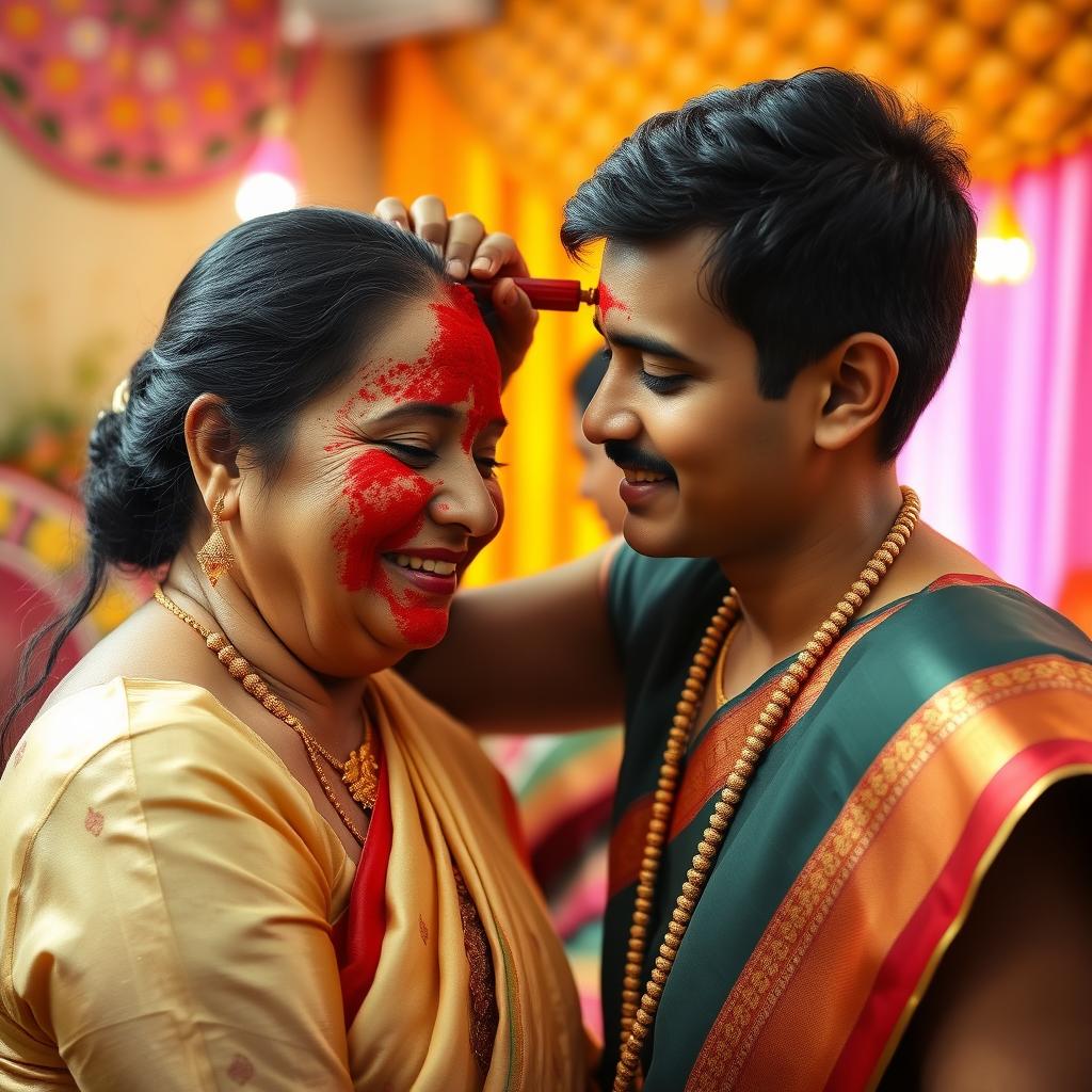 A touching scene depicting a son applying vermillion (a bright red powder) to the forehead of his mother as a traditional blessing