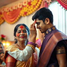 A touching scene depicting a son applying vermillion (a bright red powder) to the forehead of his mother as a traditional blessing