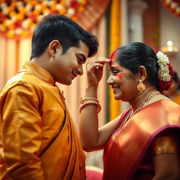A touching scene depicting a son applying vermillion (a bright red powder) to the forehead of his mother as a traditional blessing