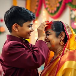 A touching scene depicting a son applying vermillion (a bright red powder) to the forehead of his mother as a traditional blessing