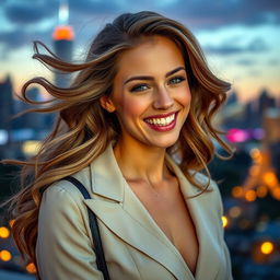 A stunning young woman with beautiful, flowing hair styled in soft waves, elegantly dressed in a fashionable outfit