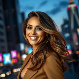 A stunning young woman with beautiful, flowing hair styled in soft waves, elegantly dressed in a fashionable outfit