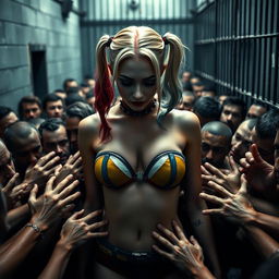 A striking scene in a prison environment featuring a sad Harley Quinn, clad in a strapless, colorful bikini that emphasizes her big breasts and showcases her cleavage accentuated by a small bra