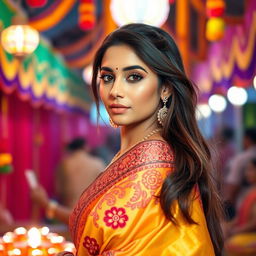 A stunning Indian woman elegantly draped in a colorful saree, featuring intricate embroidery and rich patterns