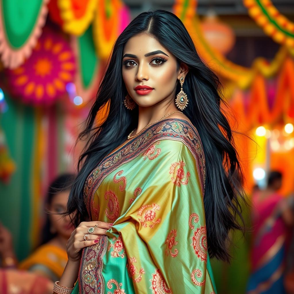 A stunning Indian woman elegantly draped in a colorful saree, featuring intricate embroidery and rich patterns