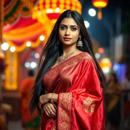 A stunning Indian woman elegantly draped in a colorful saree, featuring intricate embroidery and rich patterns