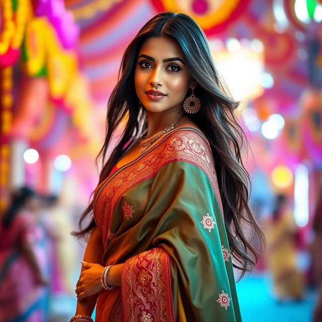 A stunning Indian woman elegantly draped in a colorful saree, featuring intricate embroidery and rich patterns