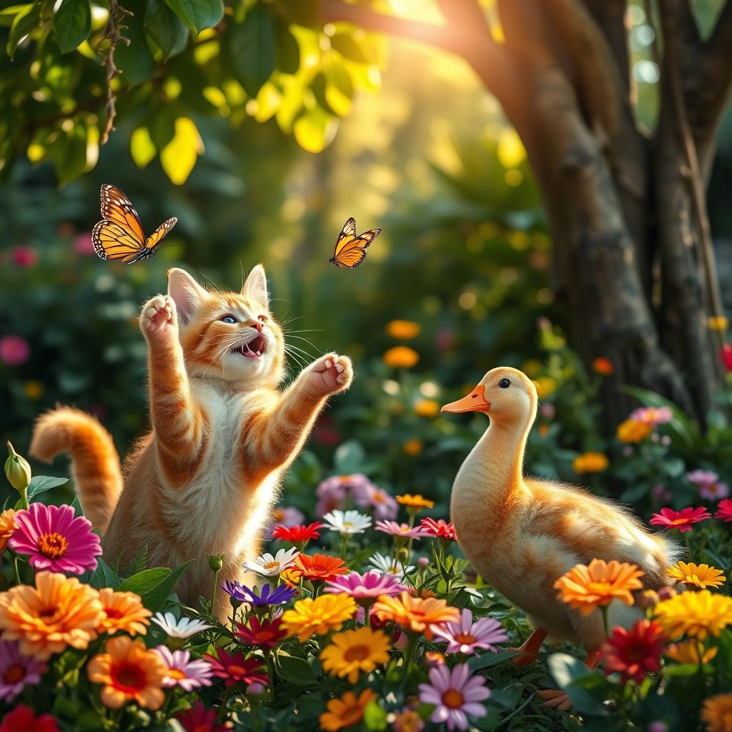 A playful scene featuring a charming orange tabby cat and a cheerful brown duck, both interacting in a lush green garden filled with vibrant flowers