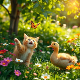 A playful scene featuring a charming orange tabby cat and a cheerful brown duck, both interacting in a lush green garden filled with vibrant flowers