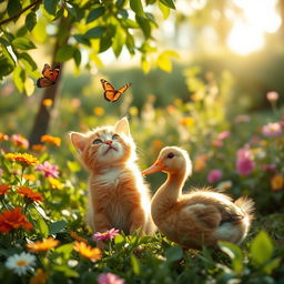 A playful scene featuring a charming orange tabby cat and a cheerful brown duck, both interacting in a lush green garden filled with vibrant flowers