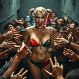A striking scene set in a crowded prison environment featuring a terrified Harley Quinn, dressed in a strapless, colorful bikini that emphasizes her big breasts and showcases her cleavage with a small bra